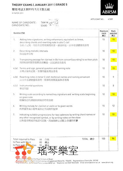 譚同學 優異 五級樂理94分 譚同學 優異 五級樂理94分